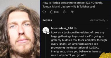 ‘Going to grab my buddies tow truck’: Florida man threatens to ‘plow through’ ICE protesters, says they should ‘go with’ people being deported, cops say