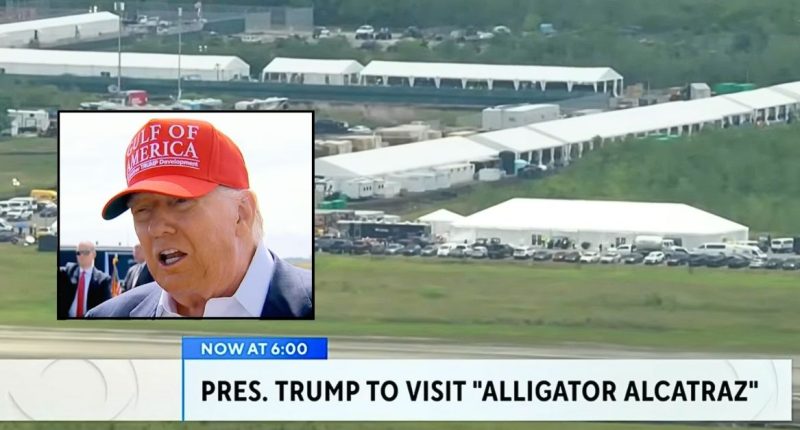 'Don't run in a straight line': Trump's Everglades escape hacks for 'Alligator Alcatraz' include teaching immigrants how to not be eaten as he visits makeshift facility