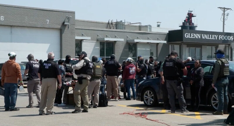 Federal immigration agents converge on Glenn Valley Foods in Omaha, Neb., on June 10 for an immigration raid. A new analysis released Thursday estimates mass deportations could cost more than 6 million jobs, a figure that includes both immigrants and U.S.-born workers. (Photo courtesy of U.S. Immigration and Customs Enforcement via Nebraska Examiner)