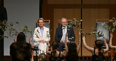 The 48th parliament officially opened on Tuesday, marking Mr Albanese's second term as prime minister, with a Welcome to Country Ceremony (pictured, Leader of the Opposition Sussan Ley and Prime Minister Anthony Albanese at the Welcome to Country ceremony)
