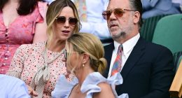 Gladiator star Russell Crowe (right) sat down in the Royal Box alongside his fiancee Britney Theriot (left)