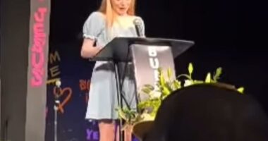 Sarah Grace Patrick, 17, delivered a tearful eulogy at a church service in Georgia for her mother Kristin and stepfather James Brock, only to be charged with their murders months later