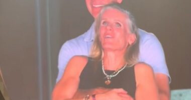 Chris Martin caught one camera-shy couple by surprise as he addressed the audience at a Coldplay concert - and joked that they were 'either having an affair' or were just very bashful