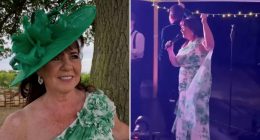 Coleen Nolan belts out songs at son Jake’s wedding as she takes to the stage in a gorgeous green gown