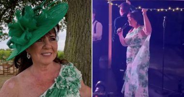 Coleen Nolan belts out songs at son Jake’s wedding as she takes to the stage in a gorgeous green gown