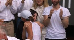 Courteney Cox shared a sweet embrace with Wimbledon champion Iga Swiatek after she stormed to victory in the Women's Singles Final on Saturday