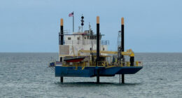 An exploratory rig offshore of South 6th Street in Flagler Beach on May 22, the landing location of planned undersea cables that will connect to a Cable Landing Station in Flagler Beach before snaking to a data center in Palm Coast. (© FlaglerLive)