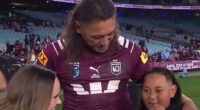 Pictured: A proud Josh Papali'i looks on as his son Noa tells Nine's Emma Lawrence he's worried about his newborn baby brother