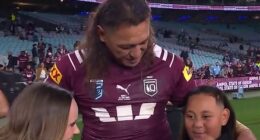 Pictured: A proud Josh Papali'i looks on as his son Noa tells Nine's Emma Lawrence he's worried about his newborn baby brother