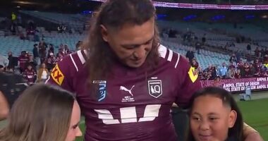 Pictured: A proud Josh Papali'i looks on as his son Noa tells Nine's Emma Lawrence he's worried about his newborn baby brother