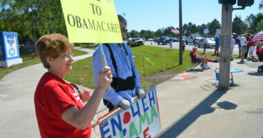 They almost get their wish, 13 years later: a tea party demonstration on Palm Coast Parkway on March 26, 2012. (© FlaglerLive)