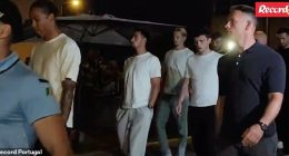 Liverpool teammates past and present flew to Portugal to pay their respects, including Virgil Van Dijk (left), Alexis Mac Allister (centre, with hands in pocket), Caoimhin Kelleher (third from right) and Andy Robertson (second from right)