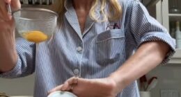 In the clip, Gwyneth Paltrow was seen cracking eggs into a strainer before then appearing to tip the whites directly onto the floor and nonchalantly carrying on with poaching