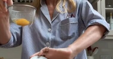 In the clip, Gwyneth Paltrow was seen cracking eggs into a strainer before then appearing to tip the whites directly onto the floor and nonchalantly carrying on with poaching
