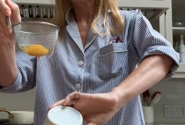 In the clip, Gwyneth Paltrow was seen cracking eggs into a strainer before then appearing to tip the whites directly onto the floor and nonchalantly carrying on with poaching