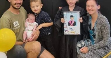 Shaun Ranger was killed in a crash alongside his seven-year-old daughter Baylee and six-year-old son Chandler (pictured with fiancé, Renee Carla and youngest child, two-year-old Saphora)
