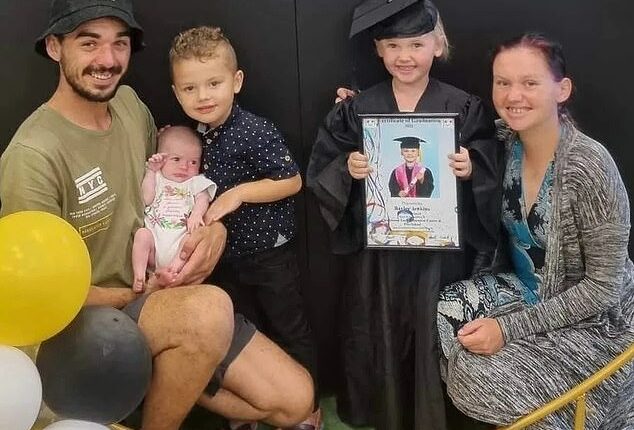 Shaun Ranger was killed in a crash alongside his seven-year-old daughter Baylee and six-year-old son Chandler (pictured with fiancé, Renee Carla and youngest child, two-year-old Saphora)