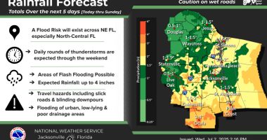 Palm Coast and Flagler County may be in for a soaking. (NWS)