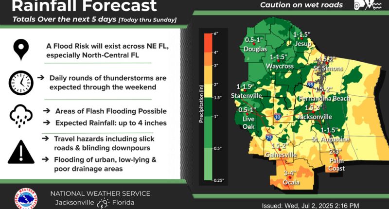 Palm Coast and Flagler County may be in for a soaking. (NWS)
