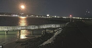 The footage shows a bright flash lighting up the night sky above the Potomac River