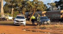 Police are pictured at the scene of the crash in Albany, WA on Wednesday afternoon