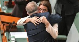 Ali France and Anthony Albanese shared an emotional embrace after she gave her speech