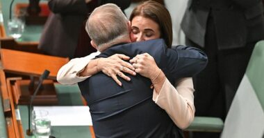 Ali France and Anthony Albanese shared an emotional embrace after she gave her speech