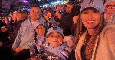 Jarryd Hayne marks a family milestone with his kids at State of Origin as footy great and his wife are pictured together for the first time in more than two years