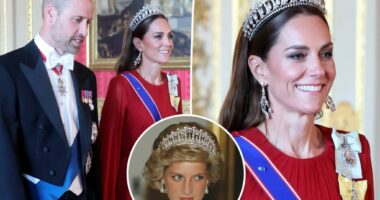 Kate Middleton is ravishing in red and Princess Diana’s tiara for Macron state banquet