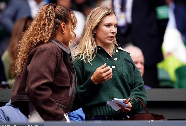 Katie Boulter (right) arrived on Centre Court on Monday morning to cheer on her fiance Alex De Minuar