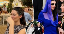 Kendall Jenner takes a shot while balancing $75K handbag on her head after attending ‘tone-deaf’ Bezos wedding