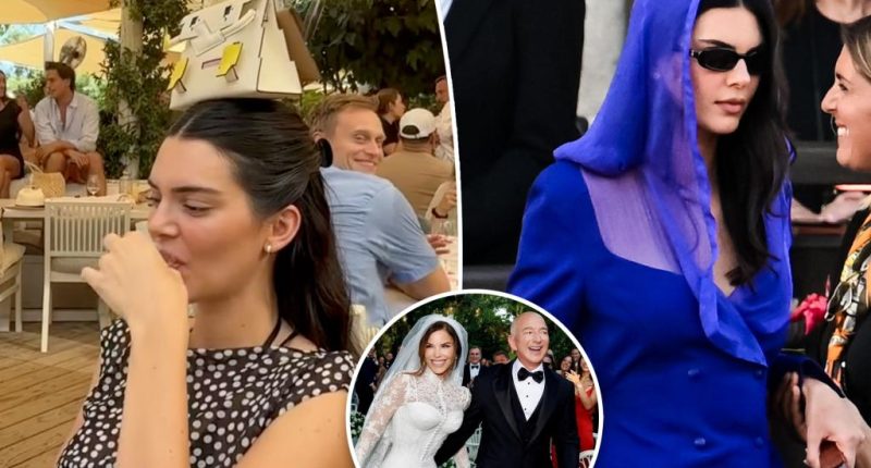 Kendall Jenner takes a shot while balancing $75K handbag on her head after attending ‘tone-deaf’ Bezos wedding