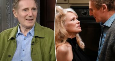 Liam Neeson makes cheeky quip about filming intimate ‘Naked Gun’ scenes with Pamela Anderson