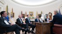 Sources told NBC News that Mark Zuckerberg 'walked in unexpectedly' and was asked to leave during a meeting in the Oval Office (Pictured: Zuckerberg and Facebook executives attend a meeting with Trump in 2019)