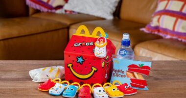 A McDonalds's Australia spokesperson confirmed rumours of a Crocs Happy Meal featuring  mini shoe keychain collectibles, exclusively telling FEMAIL that it arrives in stores for a limited time from Thursday 10 July