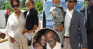 Somber Rihanna attends dad Ronald Fenty’s Barbados funeral with A$AP Rocky and sons