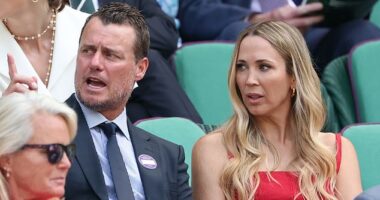 Lleyton and Bec Hewitt scored one of the best seats in the house as they attended the Ladies' Doubles Final at Wimbledon in London on Sunday