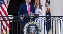 President Donald Trump (left) and first lady Melania Trump (right) stood on the Truman Balcony as the president asked the B-2 pilots who flew the Iranian mission to identify themselves - despite concerns Iran could target those servicemembers