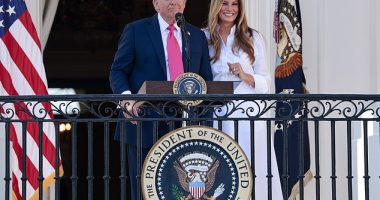 President Donald Trump (left) and first lady Melania Trump (right) stood on the Truman Balcony as the president asked the B-2 pilots who flew the Iranian mission to identify themselves - despite concerns Iran could target those servicemembers