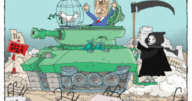 Netanyahu and his friends pass through Gaza, by Nikola Listes, Croatia, politicalcartoons.com