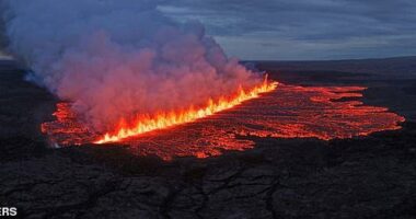 Lava emerges through a fissure following a volcano eruption near Grindavik, Reykjanes, Iceland July 16, 2025