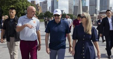 Prime Minister Anthony Albanese is visiting China with fiancé Jodie Haydon (the pair pictured in Shanghai with former Socceroo and Shanghai Port FC Manager Kevin Muscat on left)