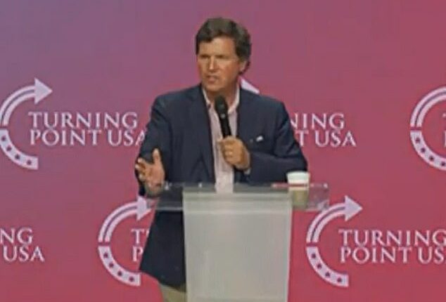 Tucker Carlson (pictured) addressed the Turning Point USA Student Action Summit audience on Friday night