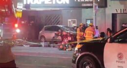 The scene of a suspected collision on on Santa Monica Boulevard in Los Angeles, where a grey car - believed to have been driven into a crowd - can be seen on the side of the road