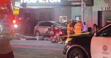 The scene of a suspected collision on on Santa Monica Boulevard in Los Angeles, where a grey car - believed to have been driven into a crowd - can be seen on the side of the road
