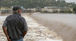 A Kerrville, Texas, resident watches the flooded Guadalupe River on July 4, 2025