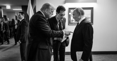 Trump channels his LBJ against Putin in a moment caught by the White House photographer in Alaska.