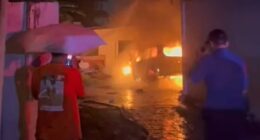 Firefighters worked through the early hours of Sunday morning to bring the fire under control (pictured, locals watch on as fire crews fight the blaze)