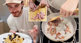 Brooklyn Beckham serves up crispy-looking spaghetti carbonara before insisting dish is NOT burnt