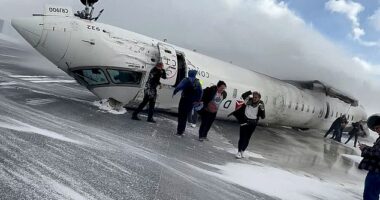 A flight attendant on board a Delta plane that crash-landed in Toronto (pictured) on February 17 claimed inexperienced pilots are to blame for the incident